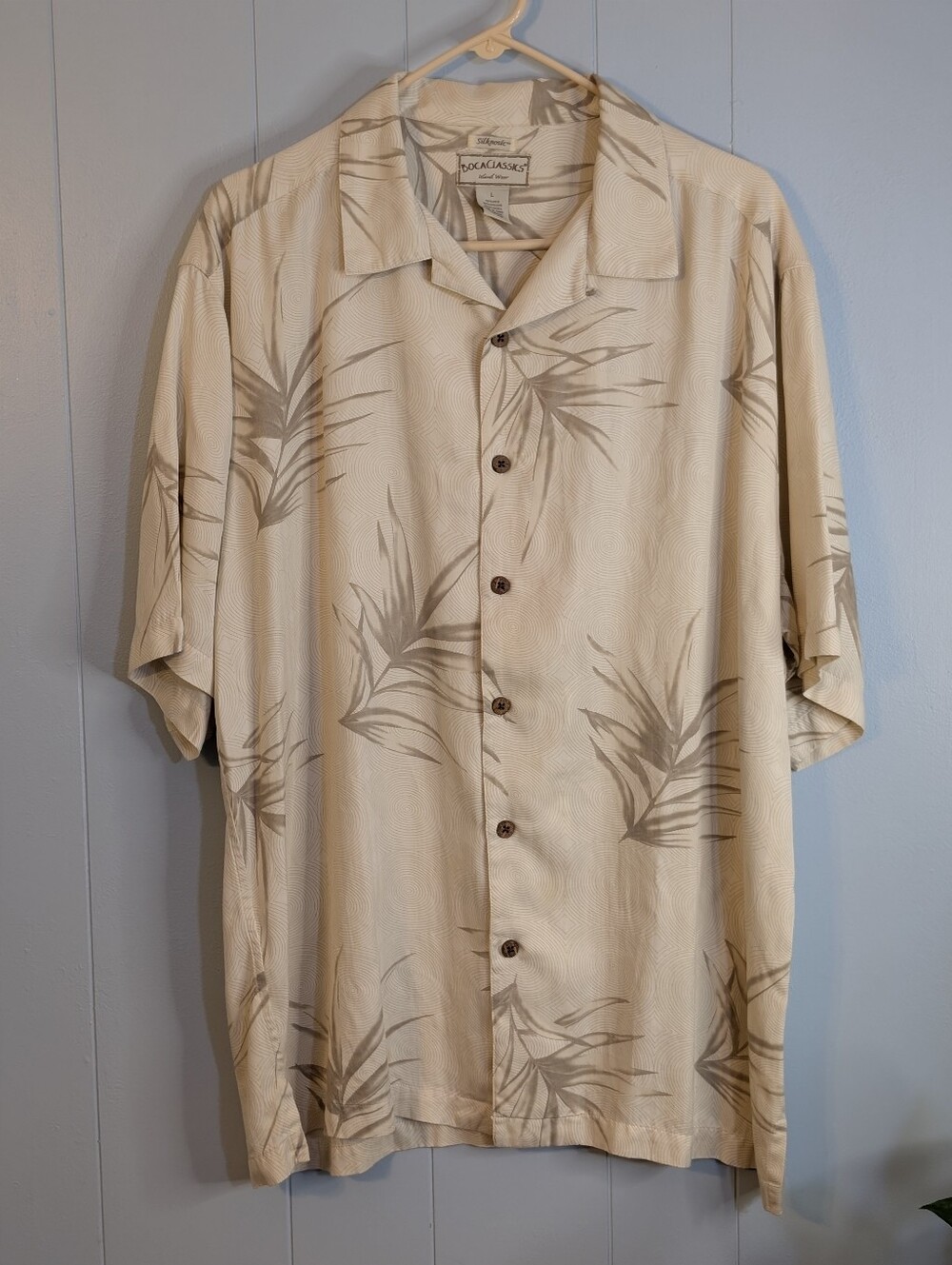 Boca Classics Silk Cream Palm-Print Short-Sleeve Button-Down Shirt